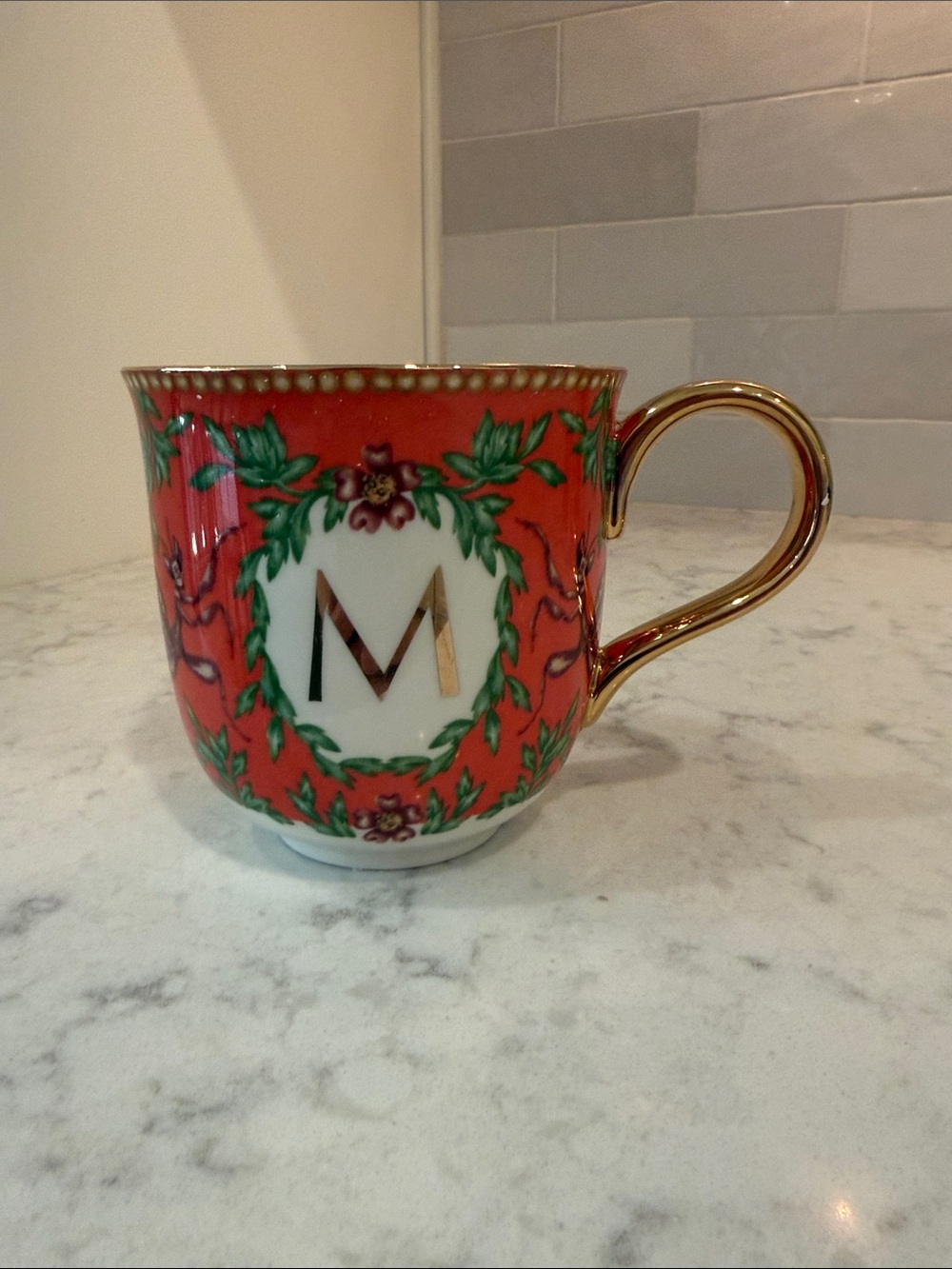Anthropologie Monogram M Red and Gold Porcelain Teacup. NIB